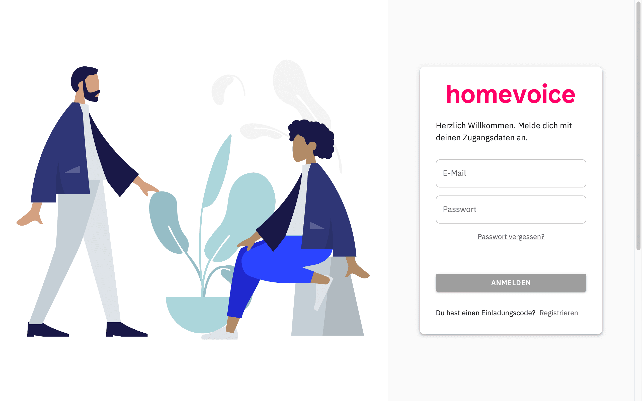 homevoice Portal — Login mit Einladungscode für Eigentümer und Mieter