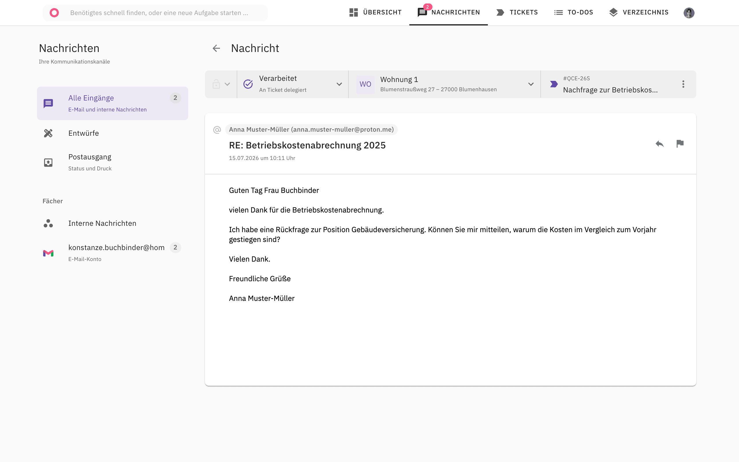 homevoice Nachrichten — geteilte Team-Inbox, mit Objekten verknüpft