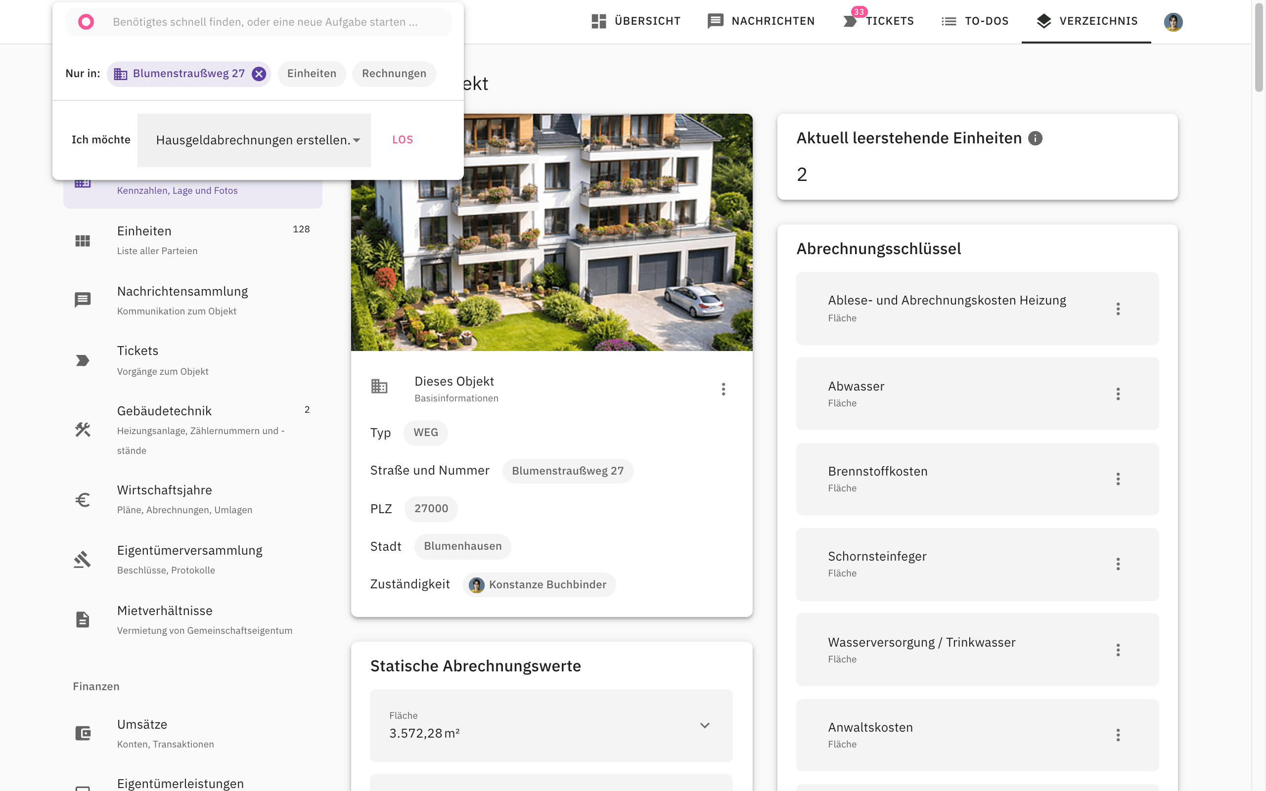 homevoice Objektakte — Einheiten, Nachrichten, Tickets, Wirtschaftsjahre und Umsätze am selben Objekt