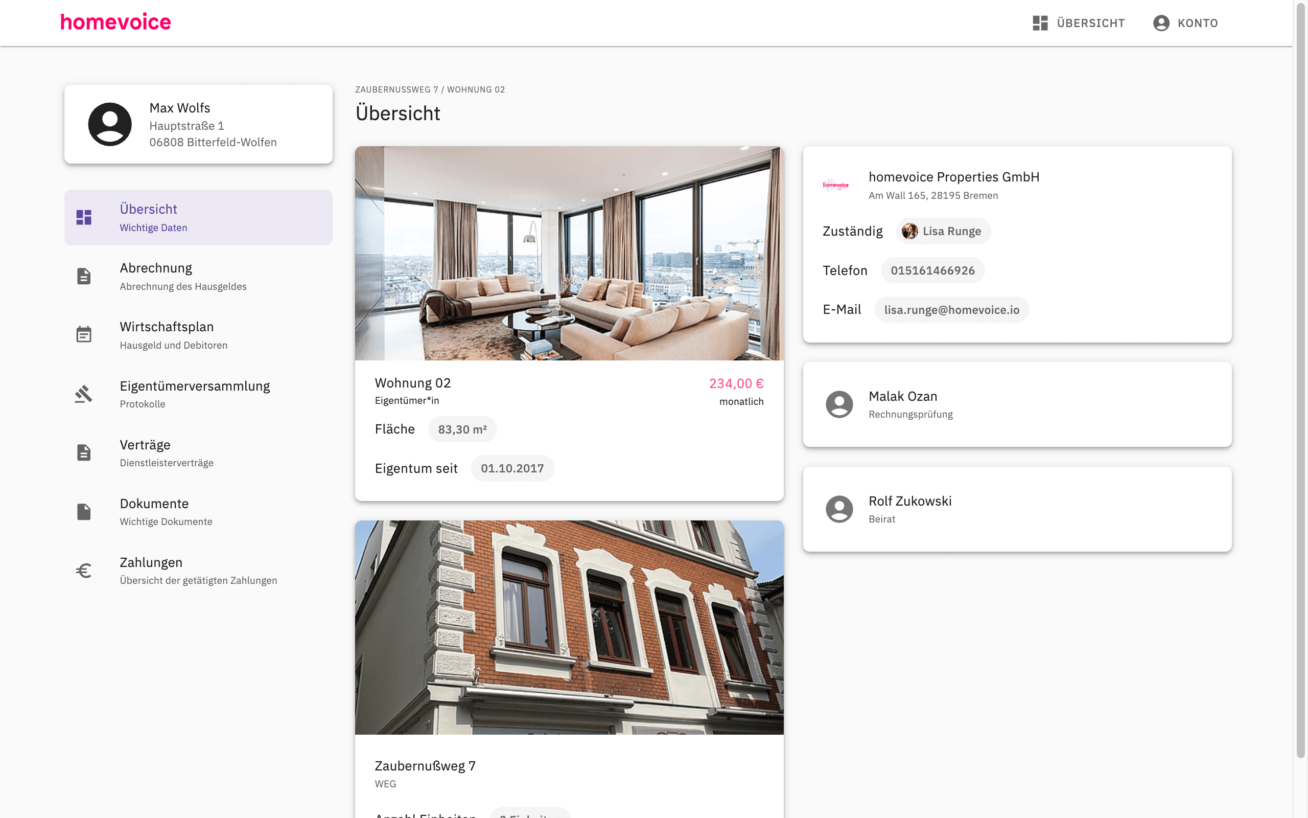 homevoice Portal — Eigentümer-Ansicht eines Objekts mit Abrechnung, Verträgen und Dokumenten