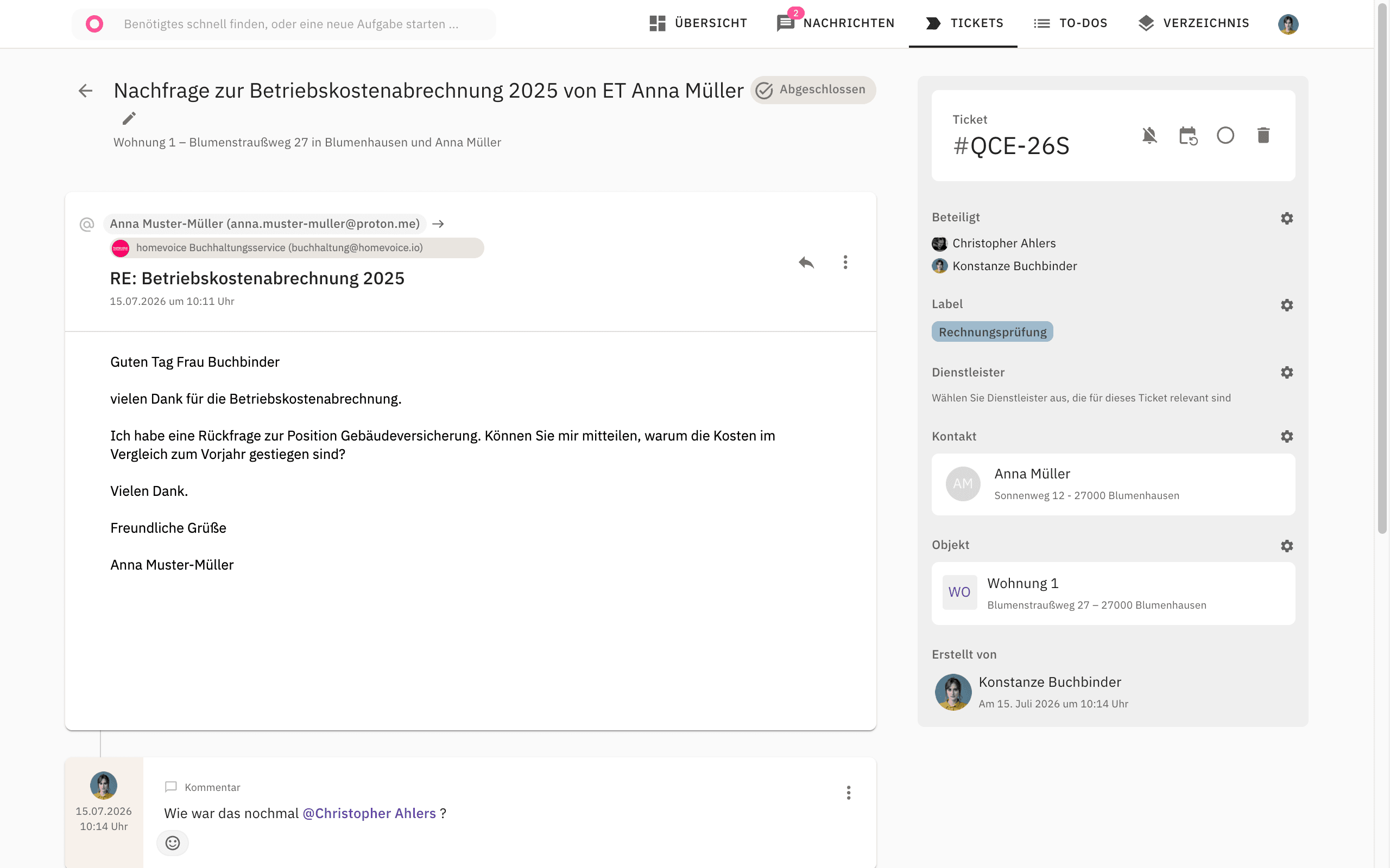homevoice Tickets — Vorgänge mit Filtern, am Objekt und an Beteiligten
