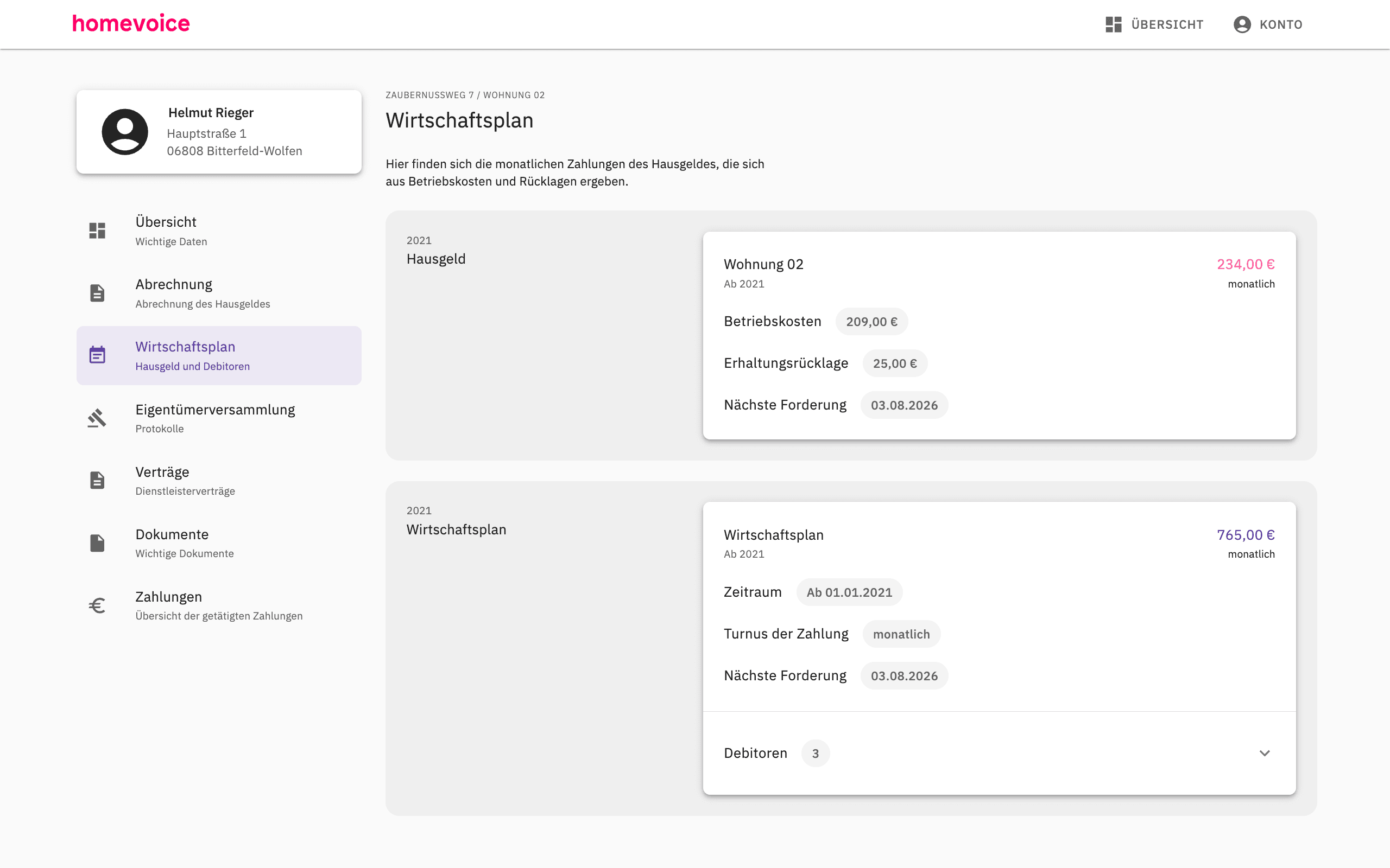 homevoice Portal — Wirtschaftsplan mit Hausgeld, Betriebskosten und Rücklage